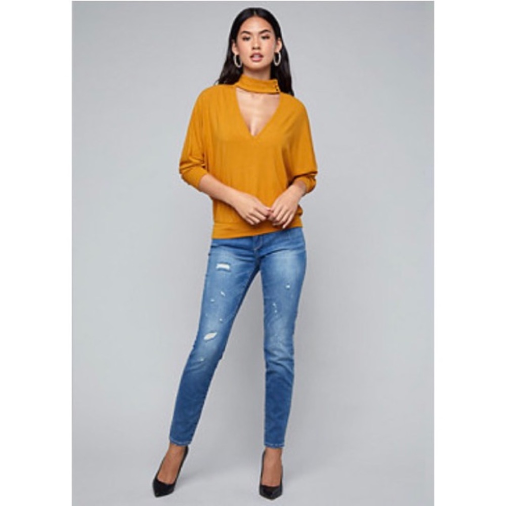 Bebe Yellow Dolman Sleeve Mock Neck Top